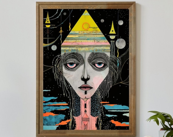 Cosmic Emissary Surreal Face Pyramid Hat Starry Night Art Poster