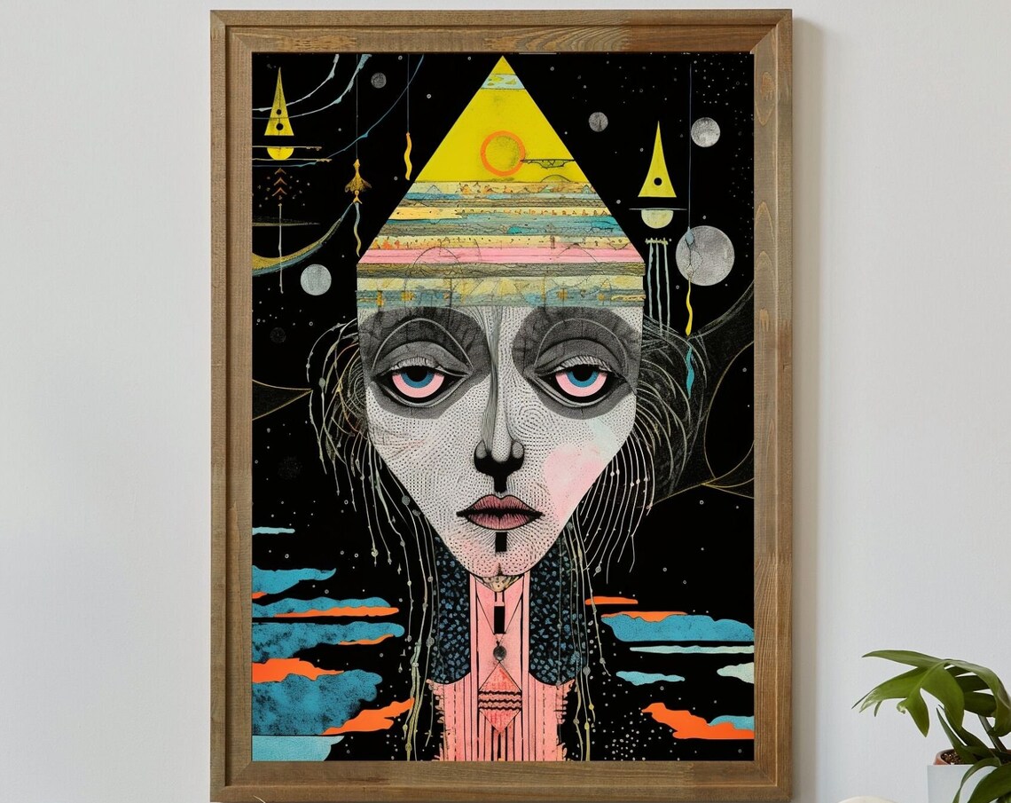 Cosmic Emissary Surreal Face Pyramid Hat Starry Night Art Poster