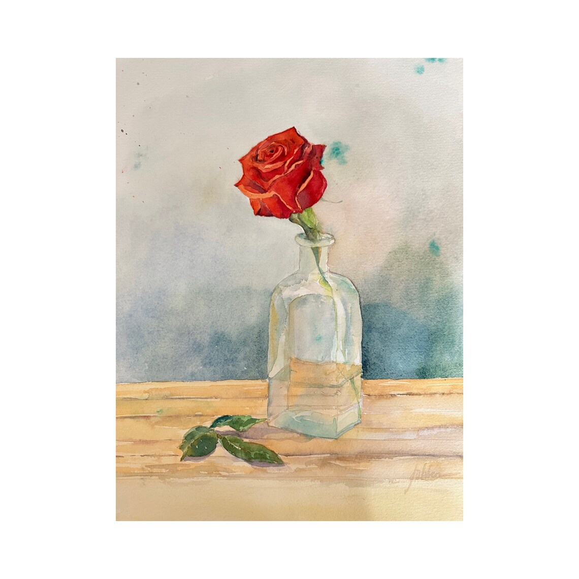 Single Red Rose in Glass Bottle Still Life Watercolor Painting Poster