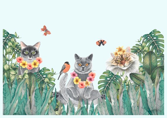 Three Happy Cats Flower Leis Tropical Garden Party Scene Poster