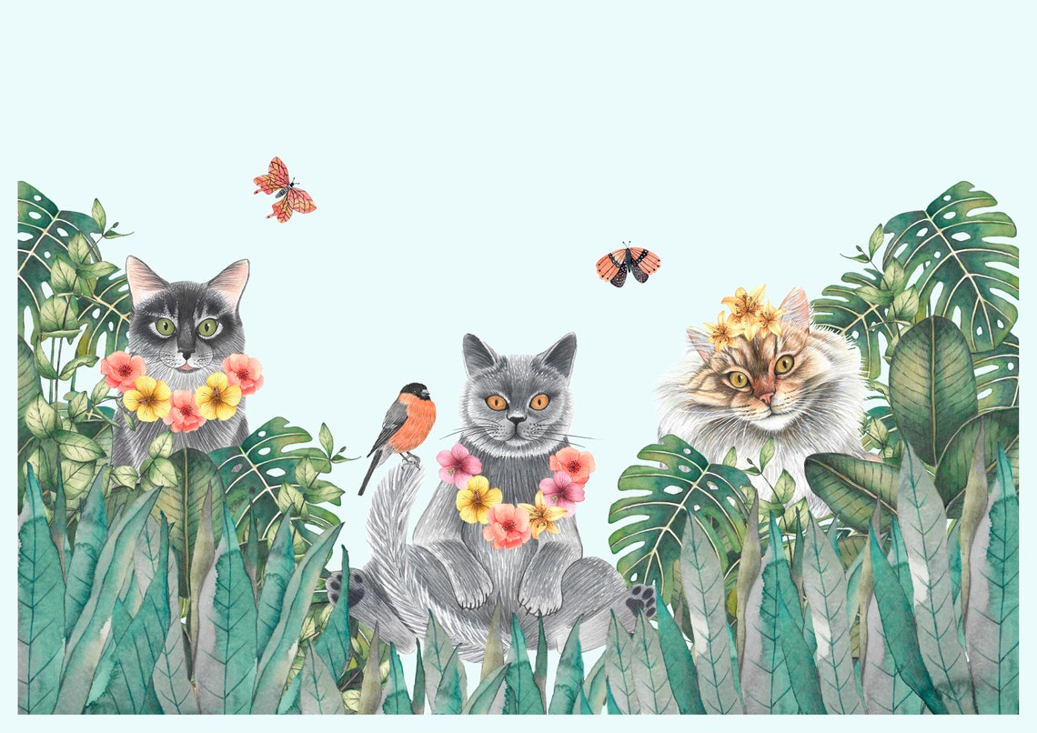 Three Happy Cats Flower Leis Tropical Garden Party Scene Poster
