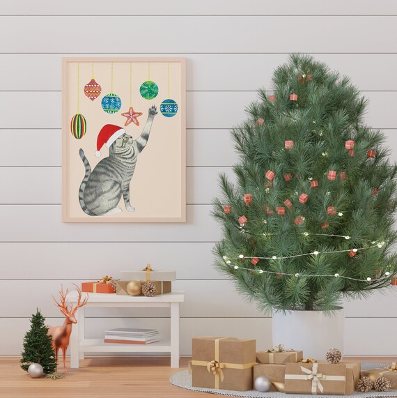 Tabby Cat Christmas Santa Hat Watercolor Ornaments Holiday Print