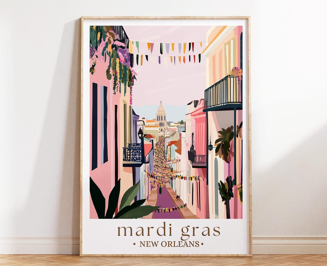 New Orleans Mardi Gras Street Parade Decorated Crowd Festive Poster