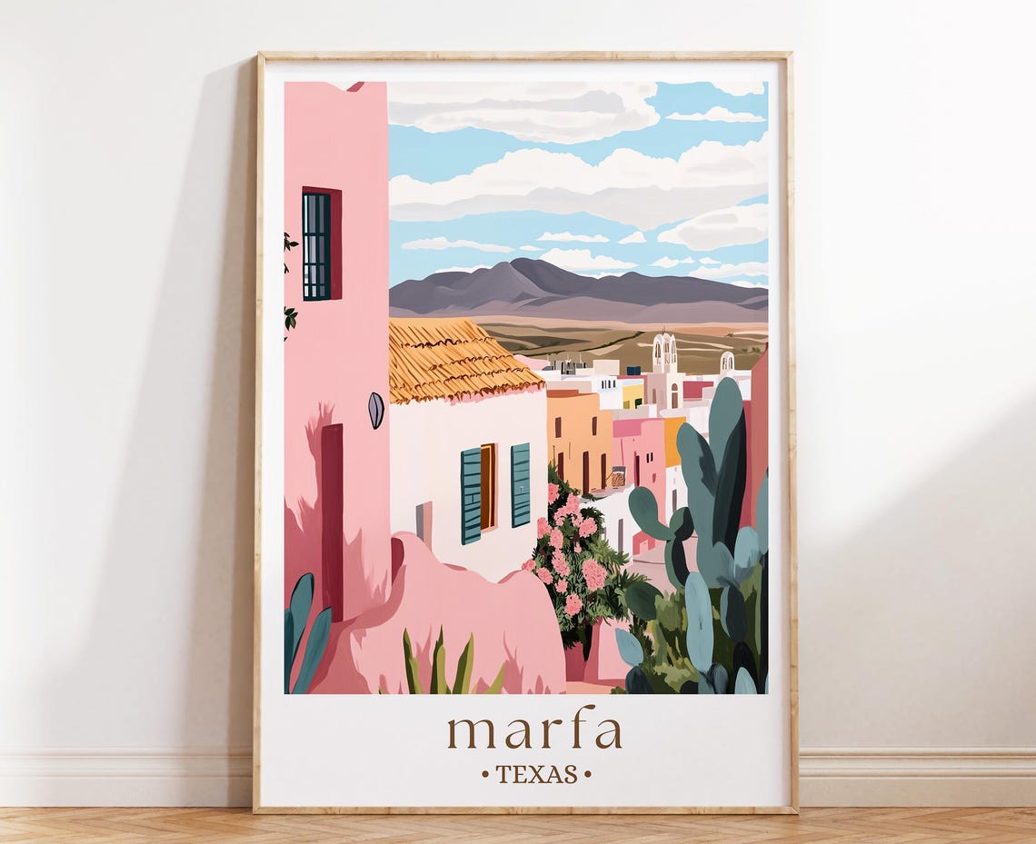 Marfa Texas Desert Town Cactus Mountains Pink Adobe Charm Poster