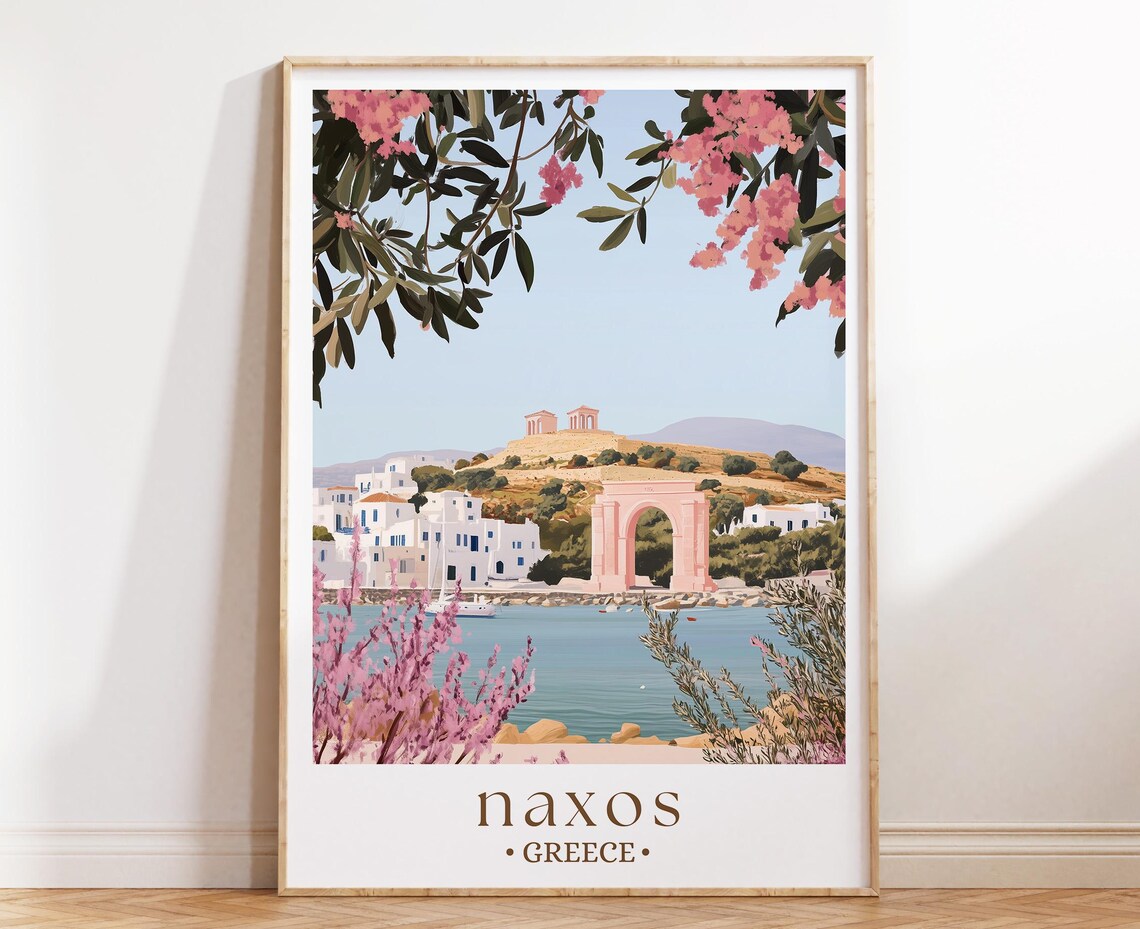 Naxos Greece Poster Portara Arch Harbor White Town Blossom View Art