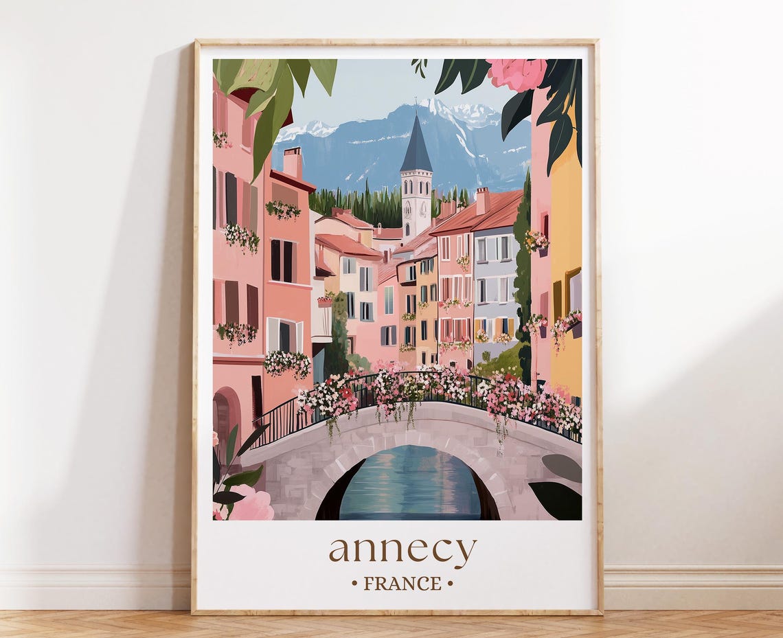 Annecy France Travel Poster Lake Town Art Print Illustrated French Alps Wall Decor