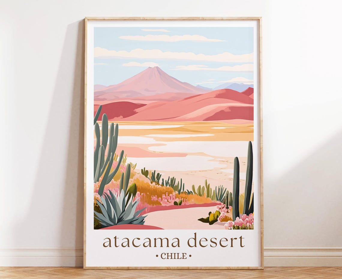 Atacama Desert Chile Cactus Volcano Illustrated Travel Poster