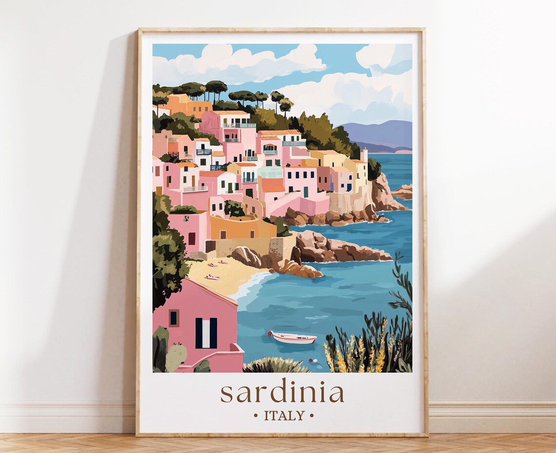 Sardinia Italy Pastel Seaside Village Rocky Cove Mediterranean Poster