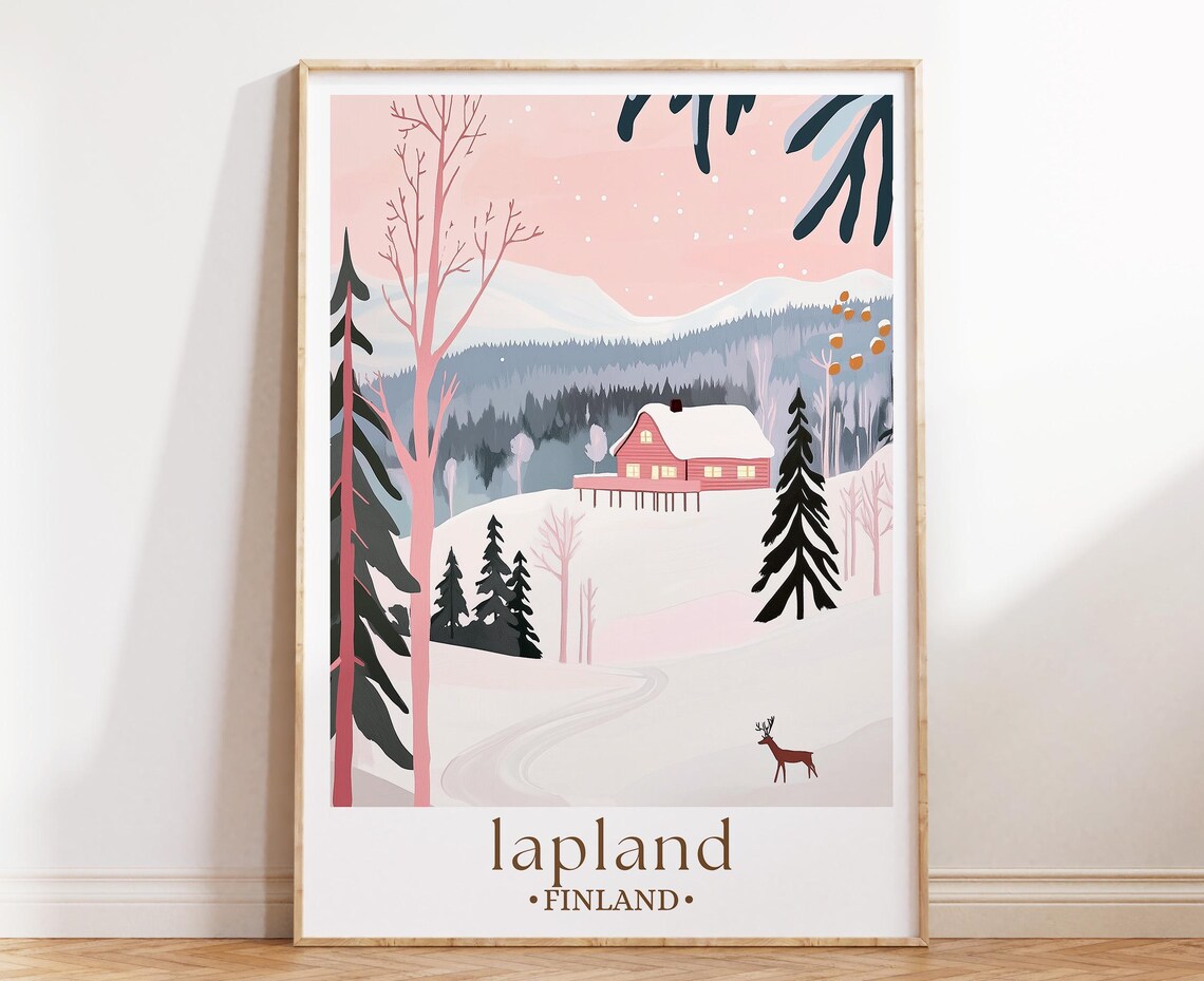 Lapland Finland Cozy Red Cabin Reindeer Snowy Arctic Winter Poster