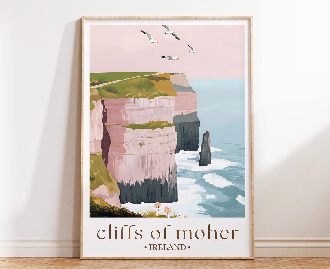 Cliffs Of Moher Ireland Poster Pink Sea Cliffs Seagulls Coastal Art