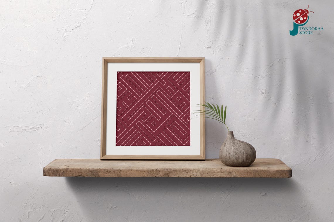 Burgundy White Dashed Maze Square Geometric Bold Modern Art Poster - Image 5