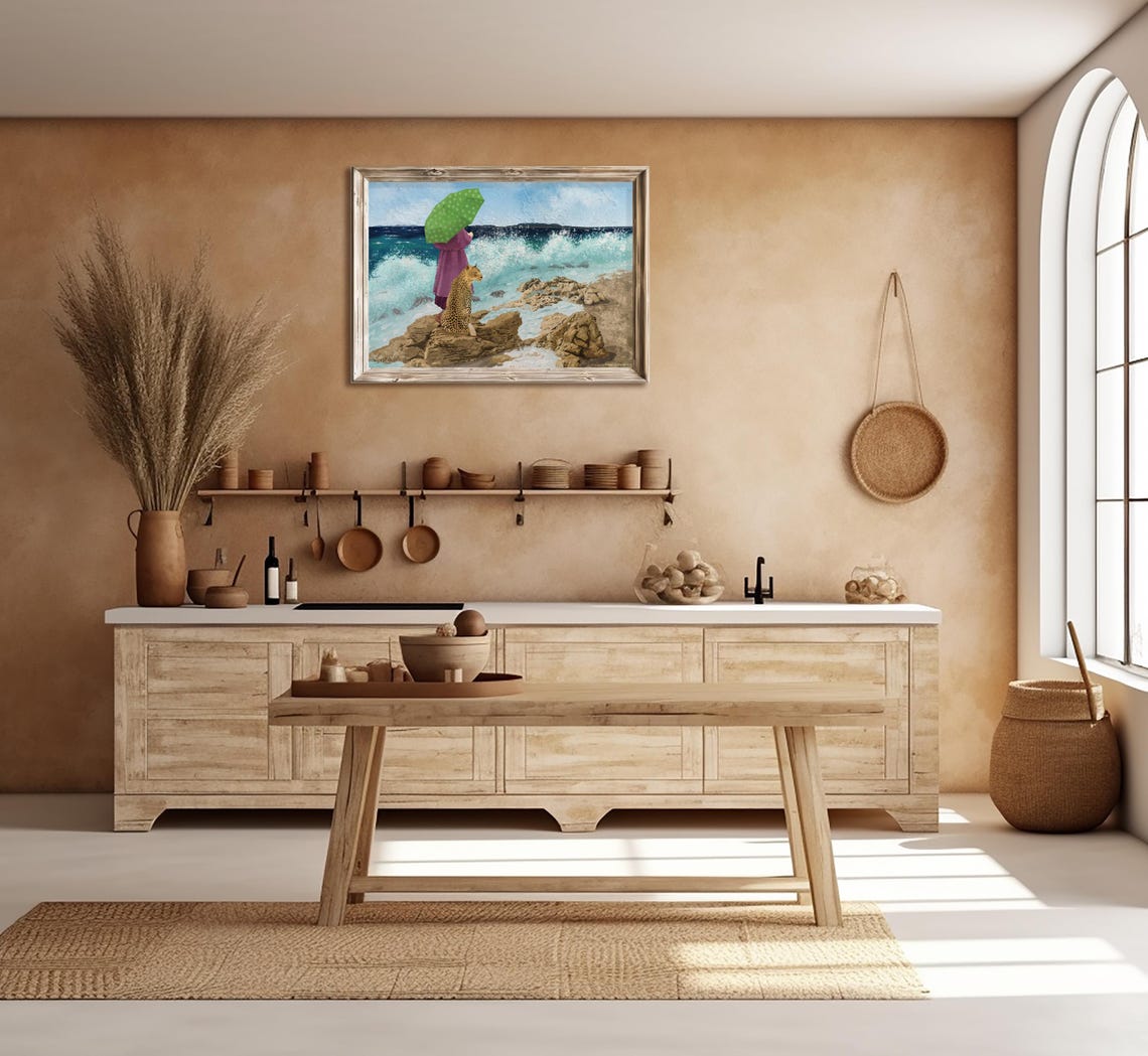 Woman Leopard Rocky Coast Ocean Waves Seascape Dreamlike Art Poster - Image 3