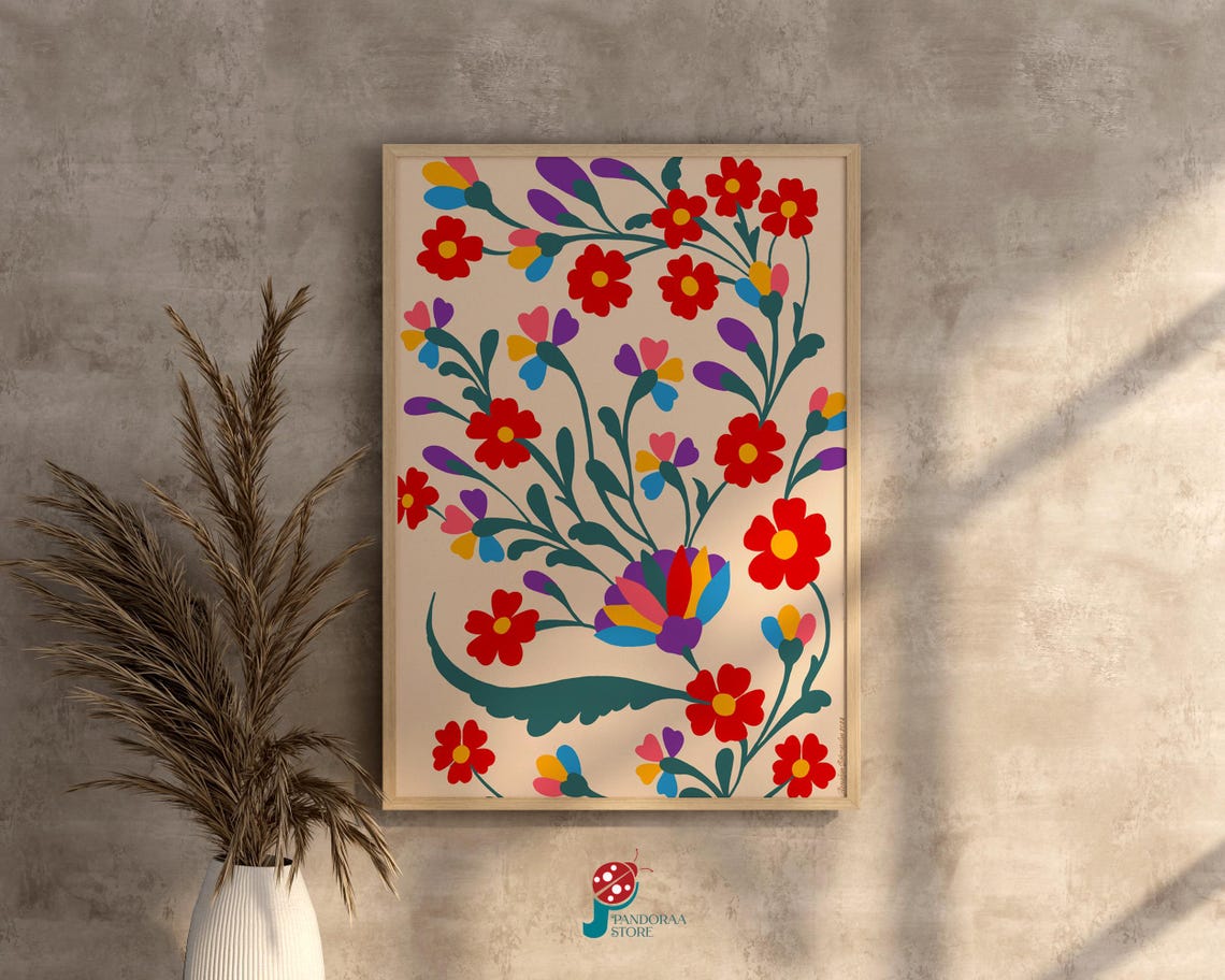 Vibrant Colorful Folk Floral Pattern Red Blossoms Beige Wall Poster