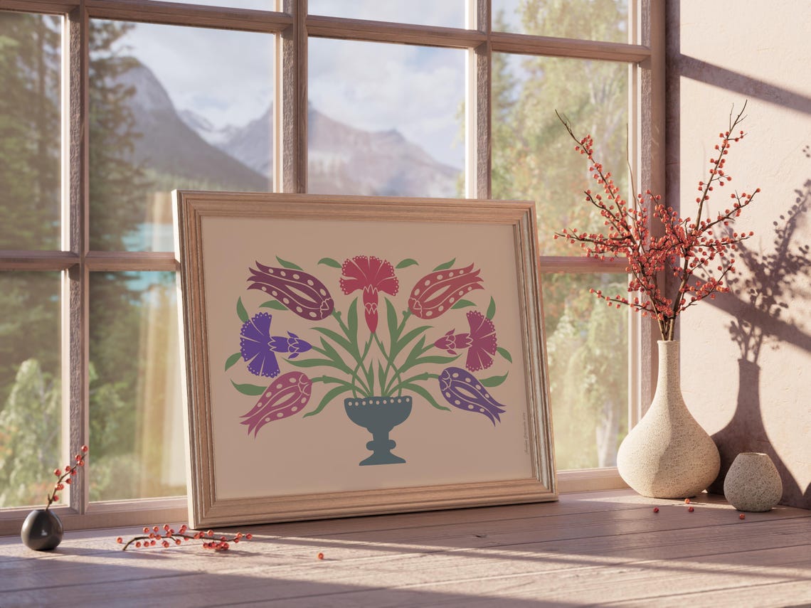 Pastel Tulip Carnation Bouquet Blue Urn Peach Folk Wall Art Print - Image 4