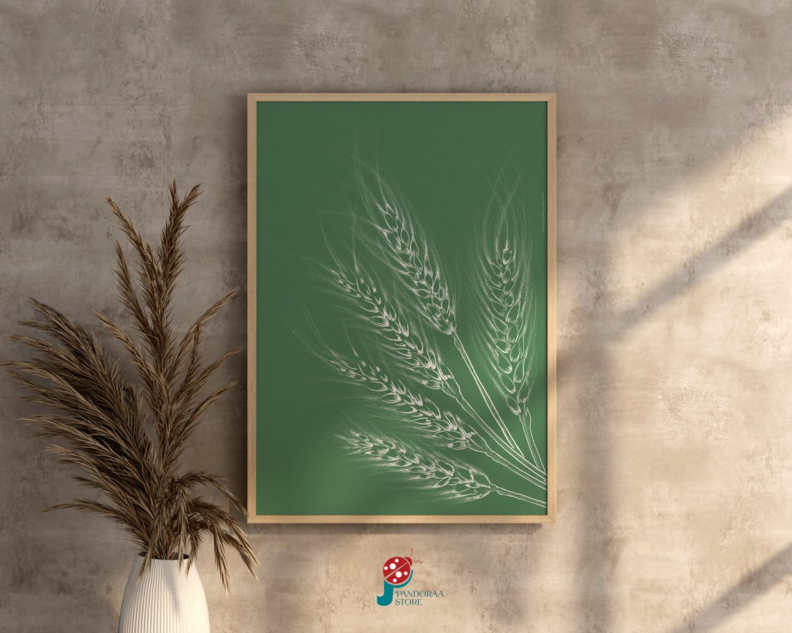 White Wheat Stalks Deep Green Botanical Line Drawing Kitchen Print