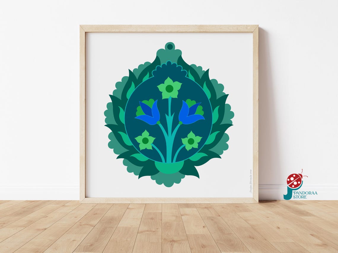 Blue Green Floral Medallion Folk Art Vintage Botanical Circle Poster