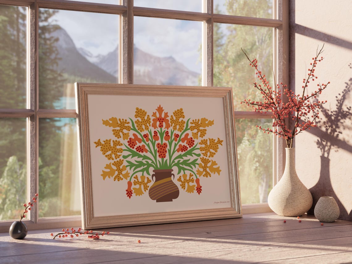 Yellow Orange Floral Wall Art I Brown Vase And Flower Poster I Living Room Gift Jpg Home Decor Print I Flower Home Gift - Image 4