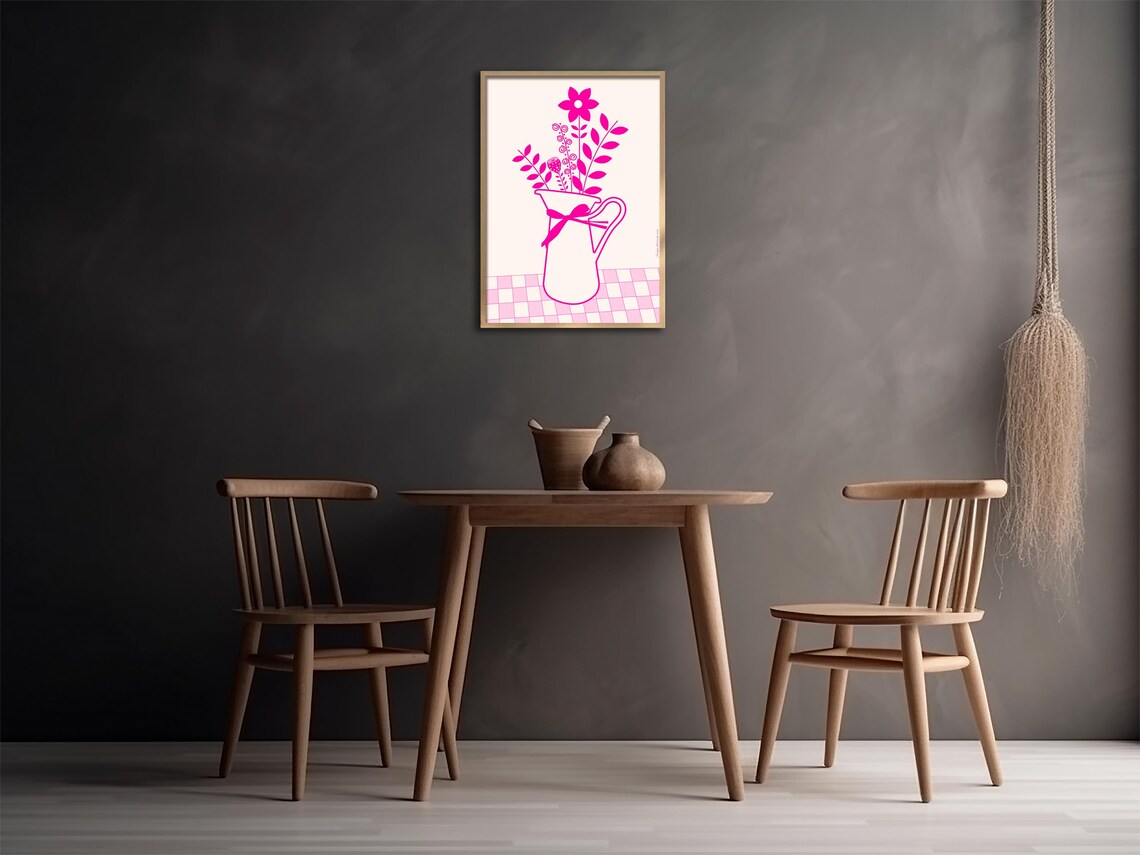 Pink Floral Pitcher Line Art Bouquet Ribbon Farmhouse Kitchen Poster - Image 2
