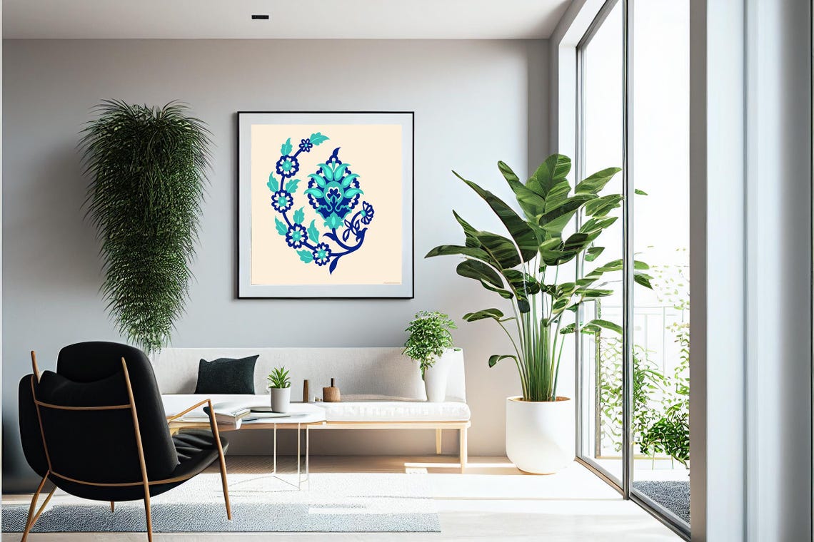 Blue Floral Folk Art Square Motif Navy Turquoise Tile Style Print - Image 3