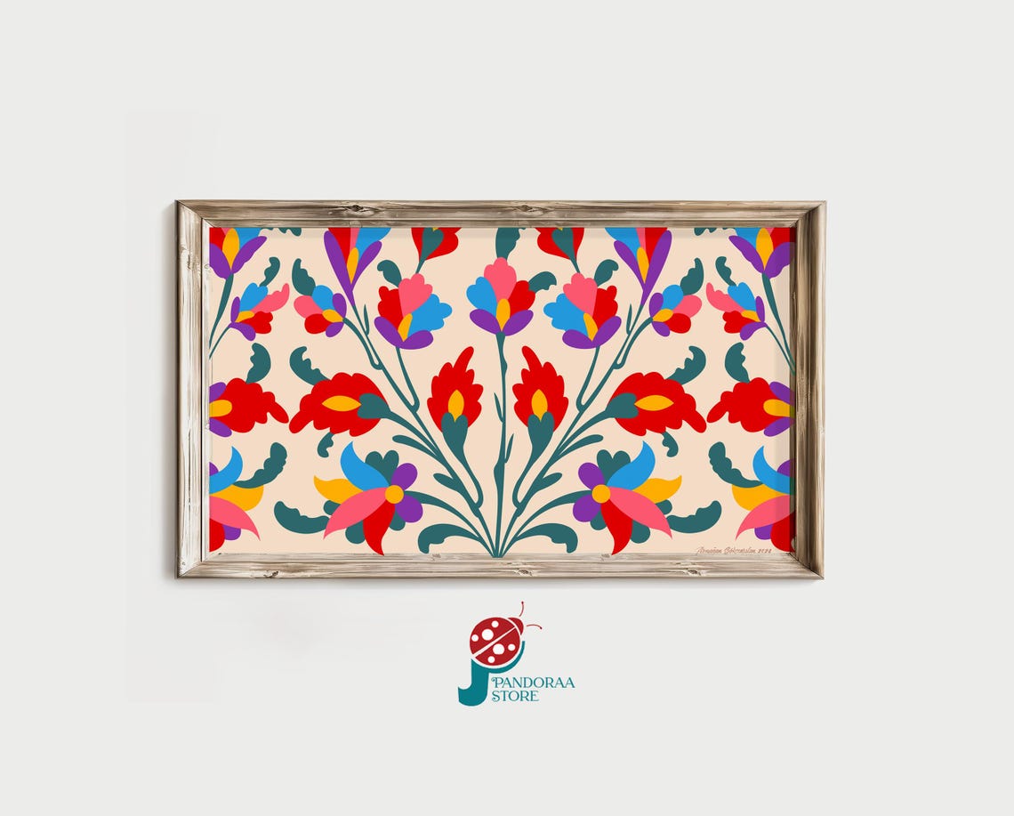 Vibrant Bohemian Folk Floral Blossom Pattern Cream Wall Art Print