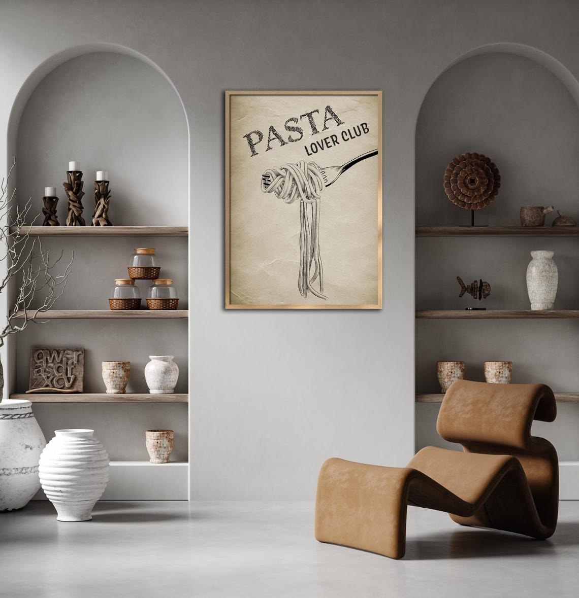 Retro Pasta Lover Club Fork Spaghetti Sketch Kitchen Wall Print - Image 3