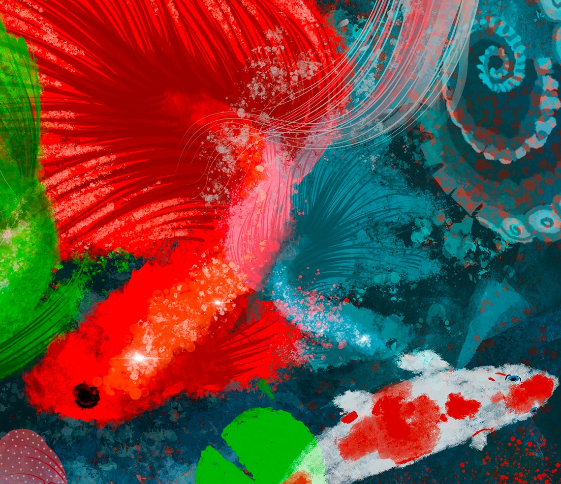 Colorful Jellyfish Koi Betta Fish Red Green Sea Life Ocean Print - Image 3