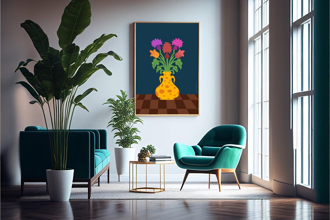 Colorful Bouquet Yellow Polka Dot Vase Dark Teal Floral Wall Poster - Image 4