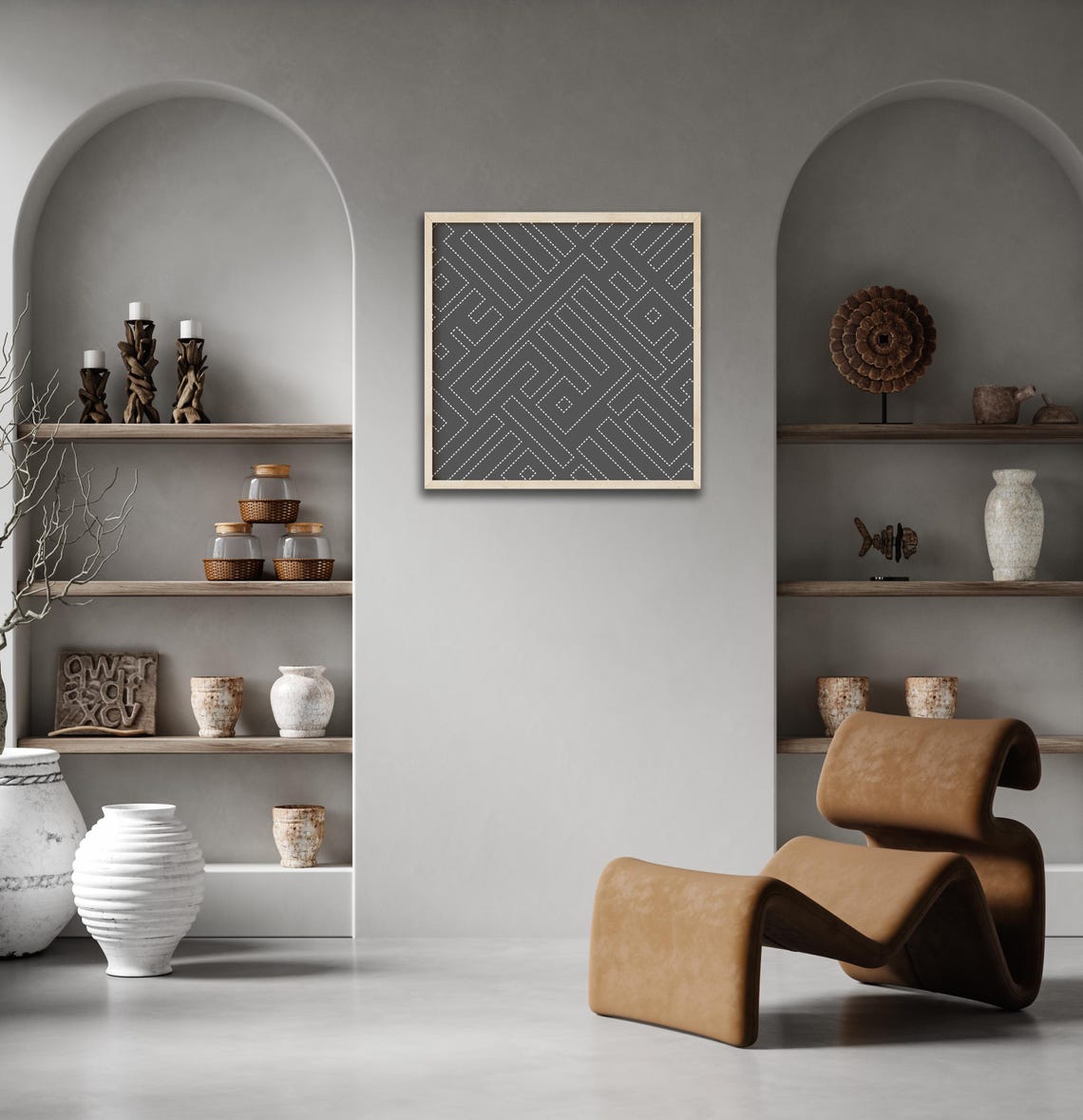 Charcoal Grey White Dashed Maze Square Geometric Modern Art Poster - Image 2