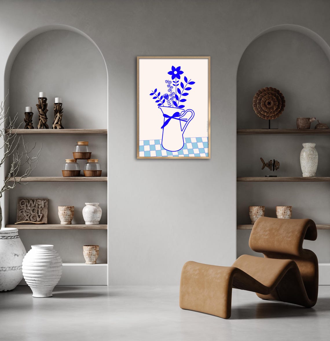 Blue Floral Pitcher Line Art Bouquet Ribbon Modern Kitchen Art Print - Image 2
