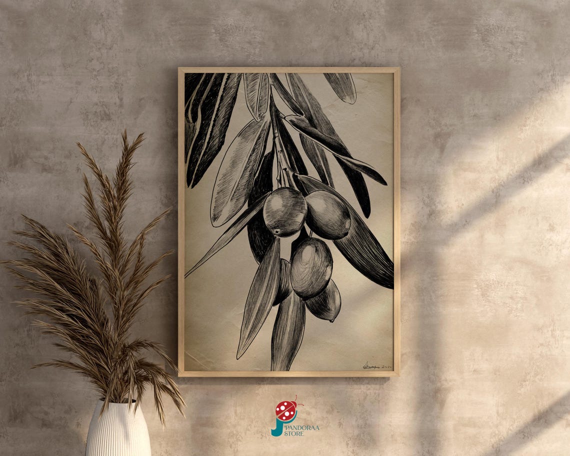 Monochrome Olive Branch Sketch Botanical Drawing Kitchen Wall Print