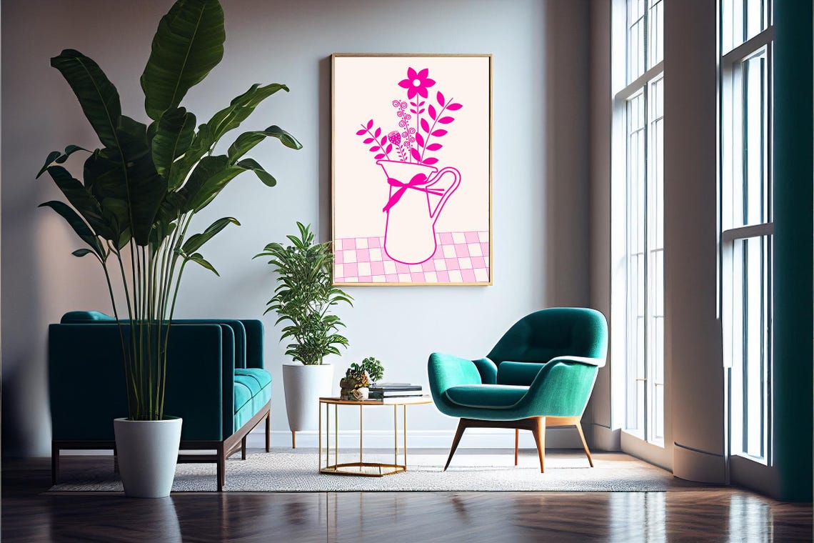 Pink Floral Pitcher Line Art Bouquet Ribbon Farmhouse Kitchen Poster - Image 5
