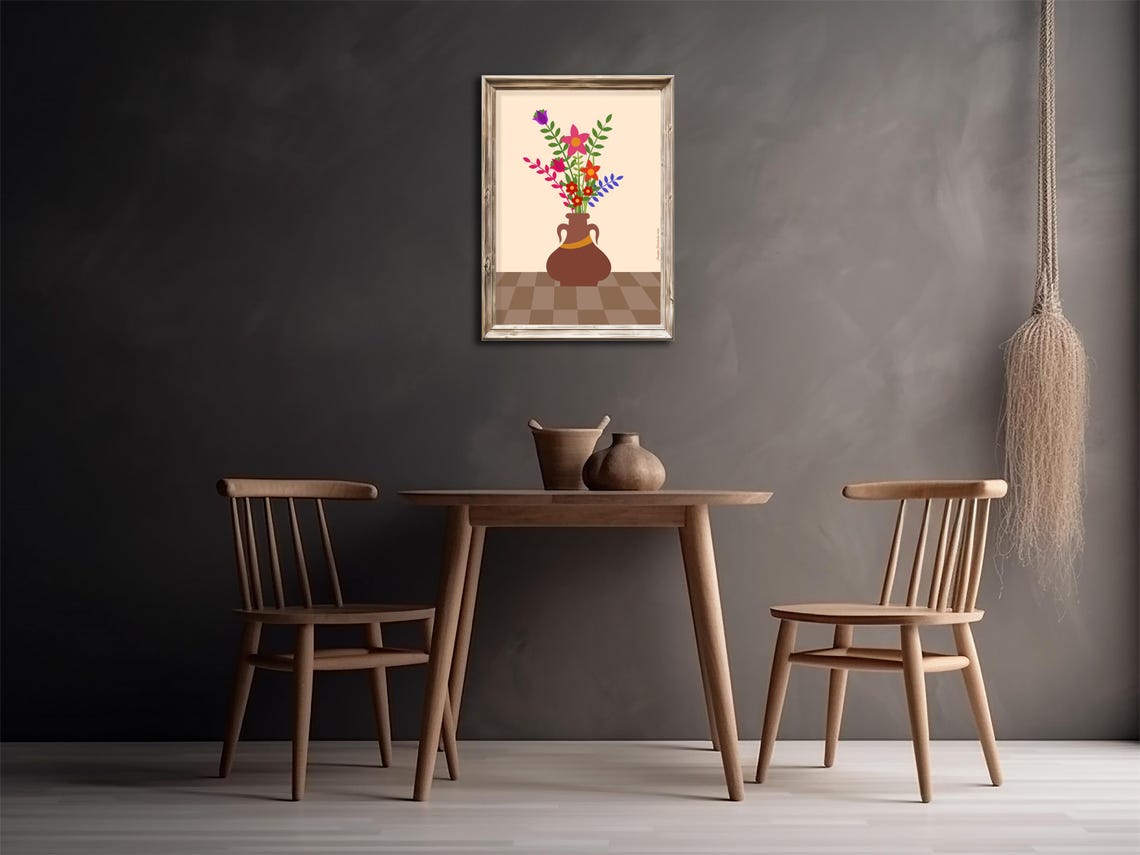 Colorful Wildflowers Brown Vase Folk Art Beige Botanical Wall Poster - Image 2