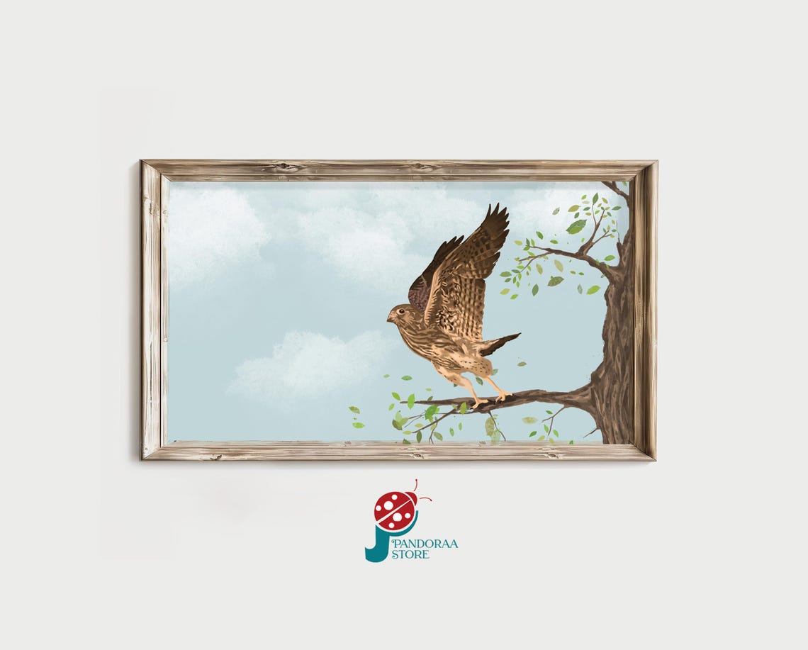 Hawk Landing on Tree Branch Blue Sky Wildlife Bird of Prey Print
