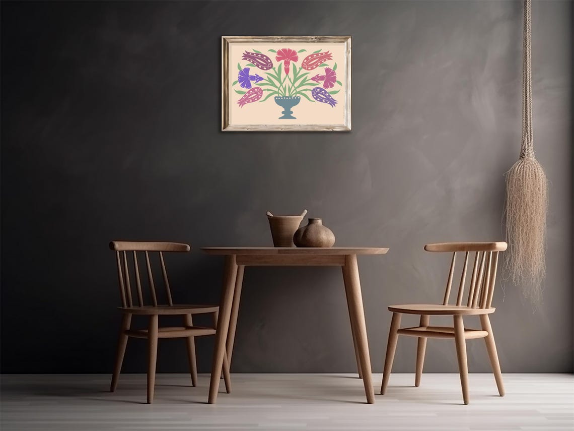 Pastel Tulip Carnation Bouquet Blue Urn Peach Folk Wall Art Print - Image 3