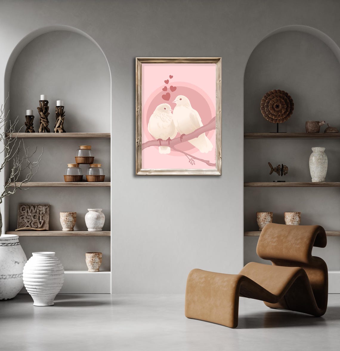 White Lovebirds Pair on Pink Background with Floating Hearts Poster - Image 2