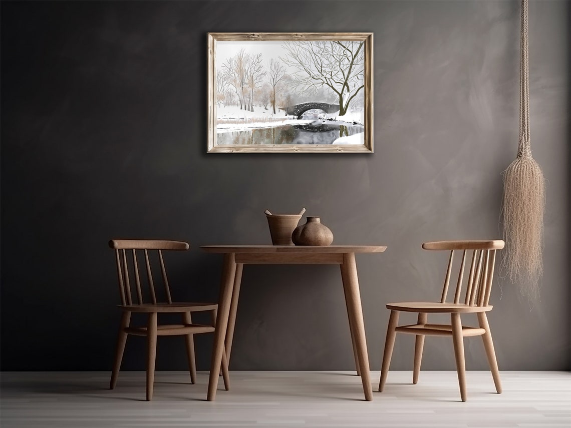 Serene Winter Snow Bridge over Frozen Lake Snowy Landscape Poster - Image 4