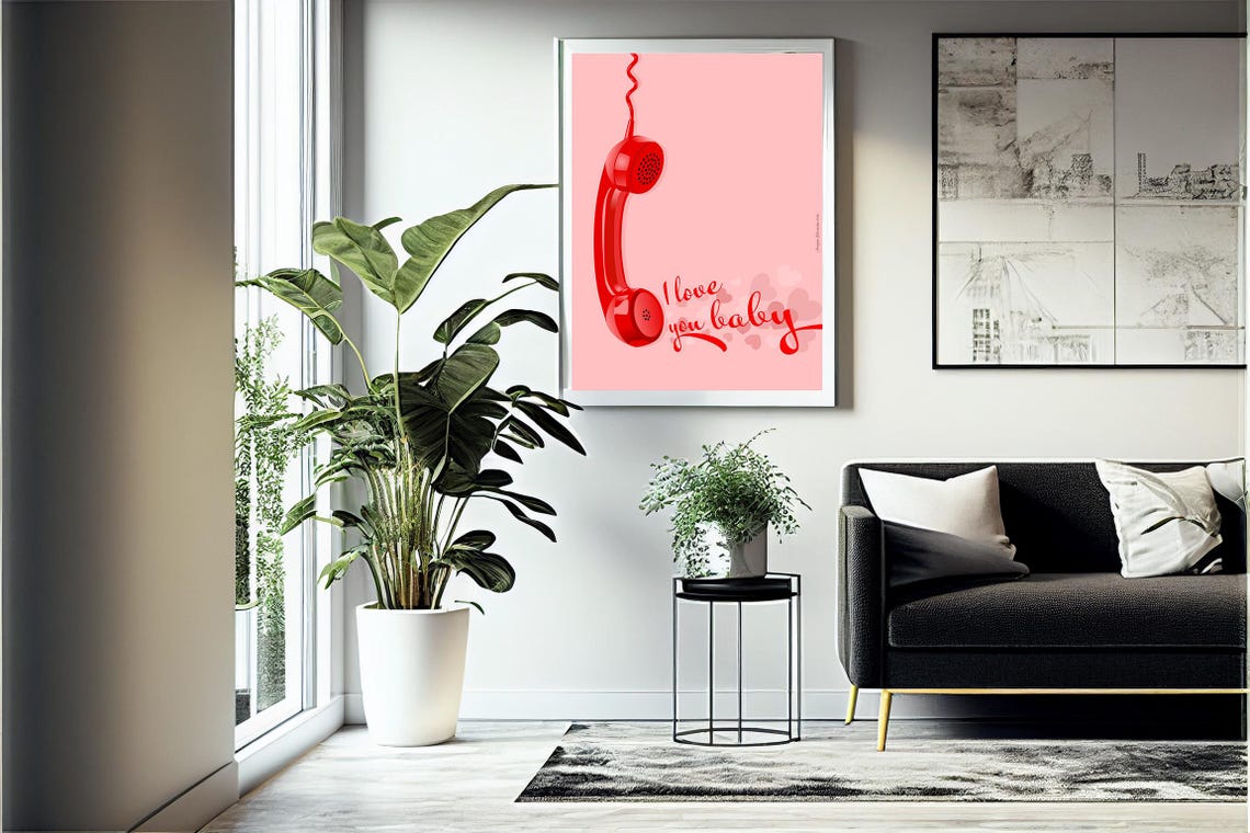 Vintage Retro Red Phone I Love You Baby Script Pink Wall Poster - Image 4