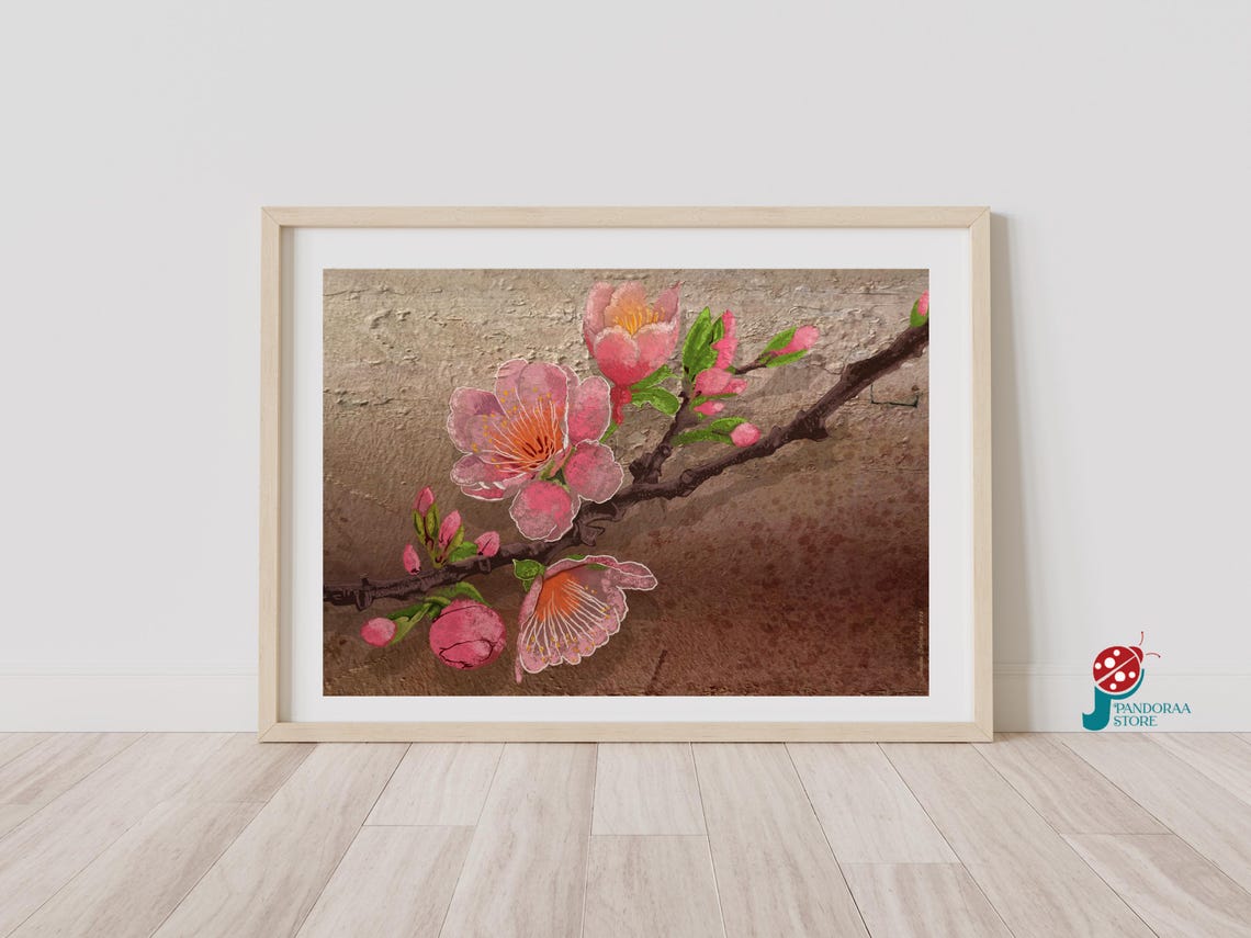 Pink Cherry Blossom Branch Textured Vintage Farmhouse Floral Poster