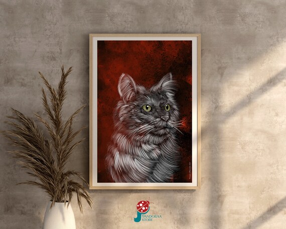 Grey Long Haired Cat Green Eyes Red Background Modern Animal Wall Art Poster