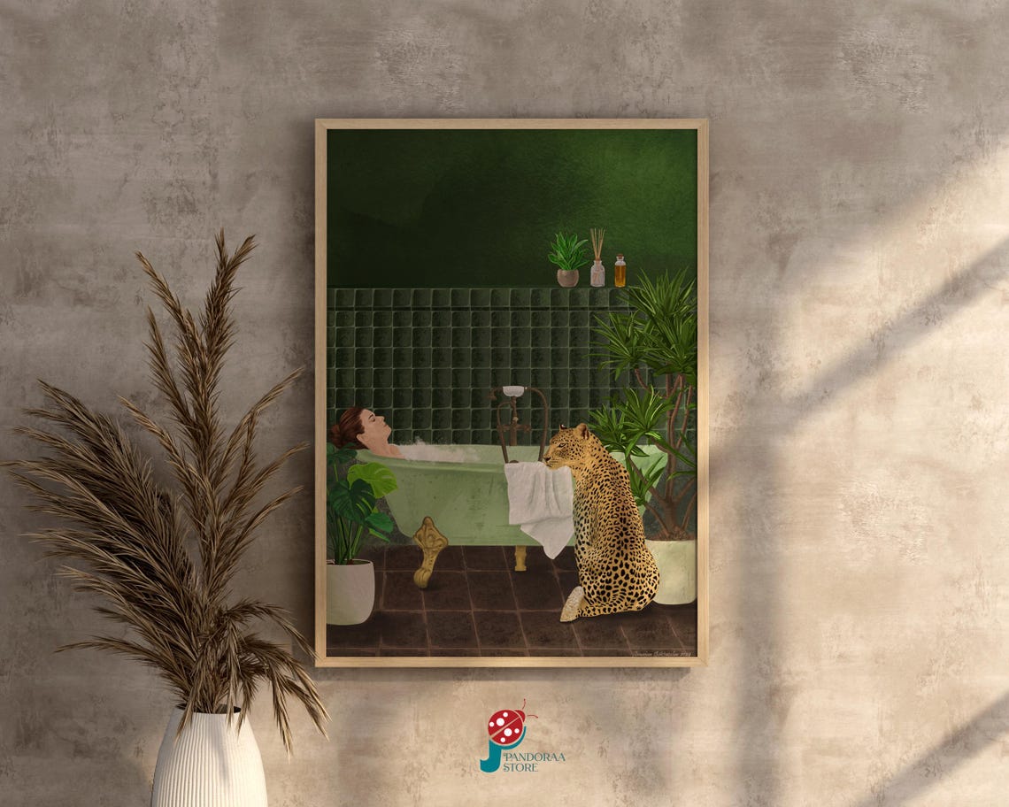 Woman Bathtub Leopard Green Tiled Bathroom Whimsical Botanical Poster