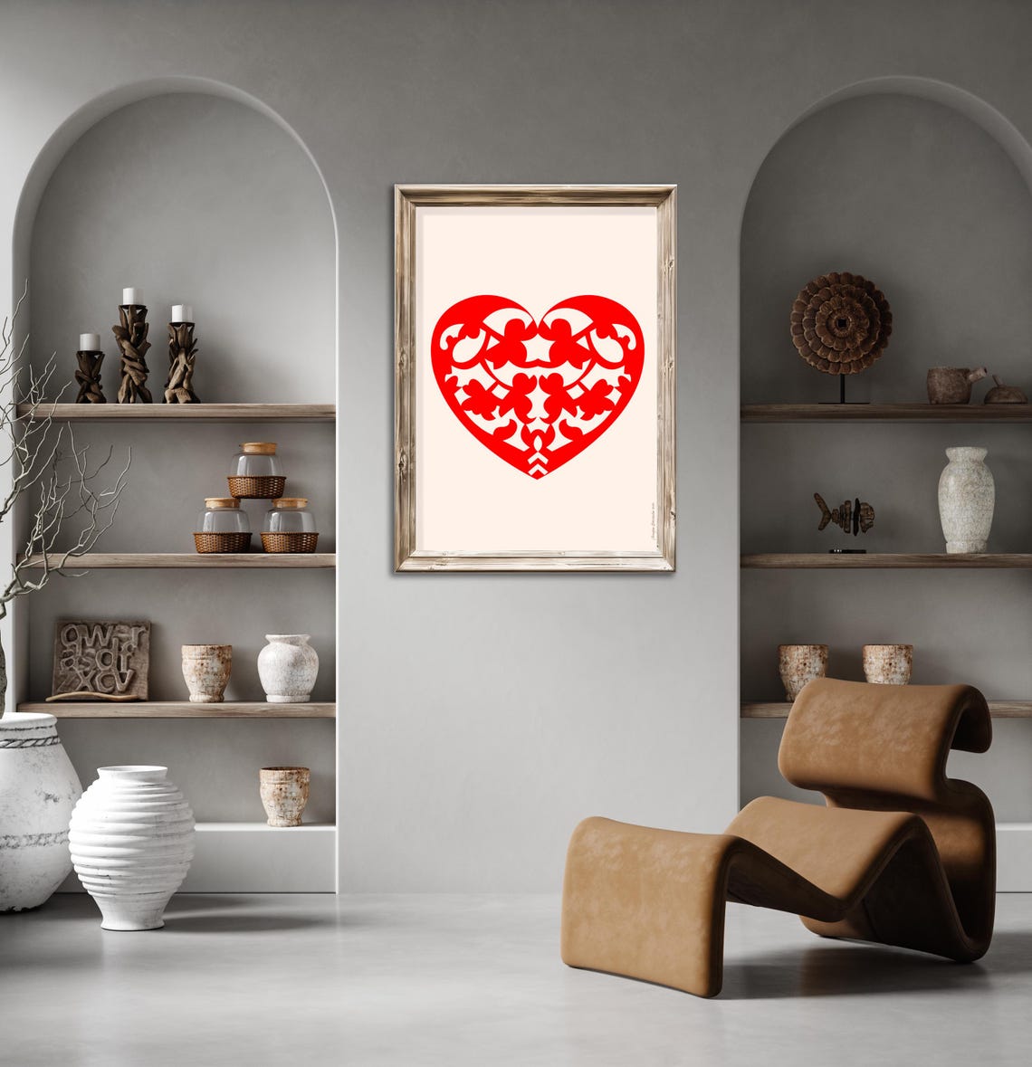 Red Folk Art Heart Papercut with Cherubs on Cream Background Poster - Image 2