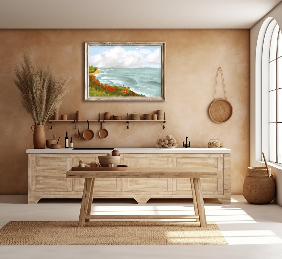 Seaside Cliffs Red Poppies Turquoise Waves Cloudy Sky Coast Poster - Image 3