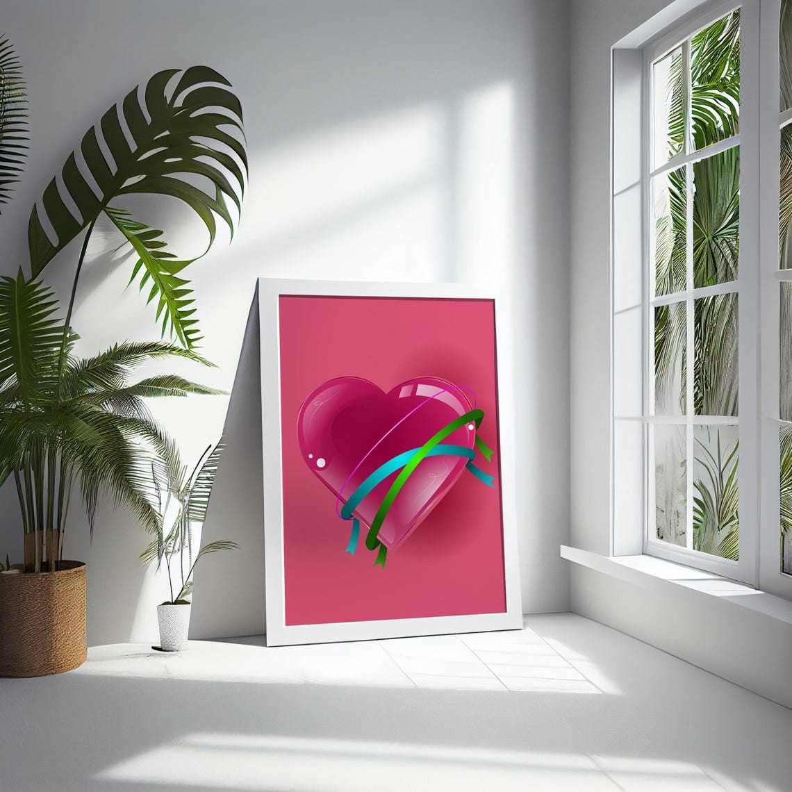 Glossy Glass Pink Heart Wrapped in Green Ribbons Modern Love Poster - Image 5