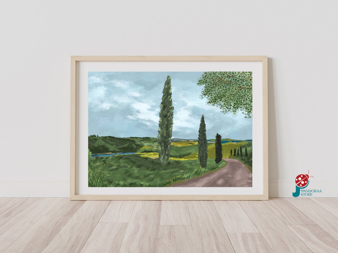 Cypress Tree Country Lane Rolling Hills Vintage Countryside Print