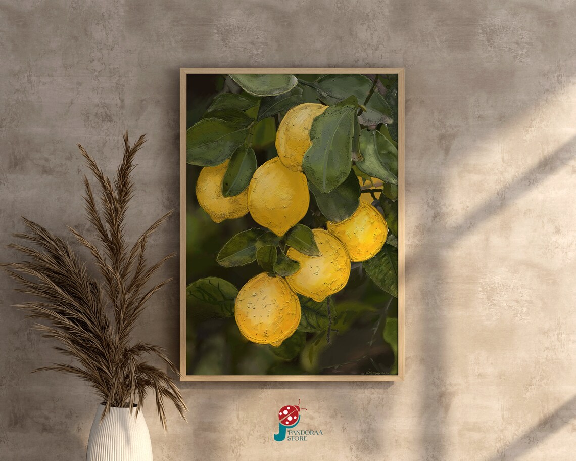 Ripe Lemons on Branch Oil Painting Green Leaves Citrus Kitchen Print