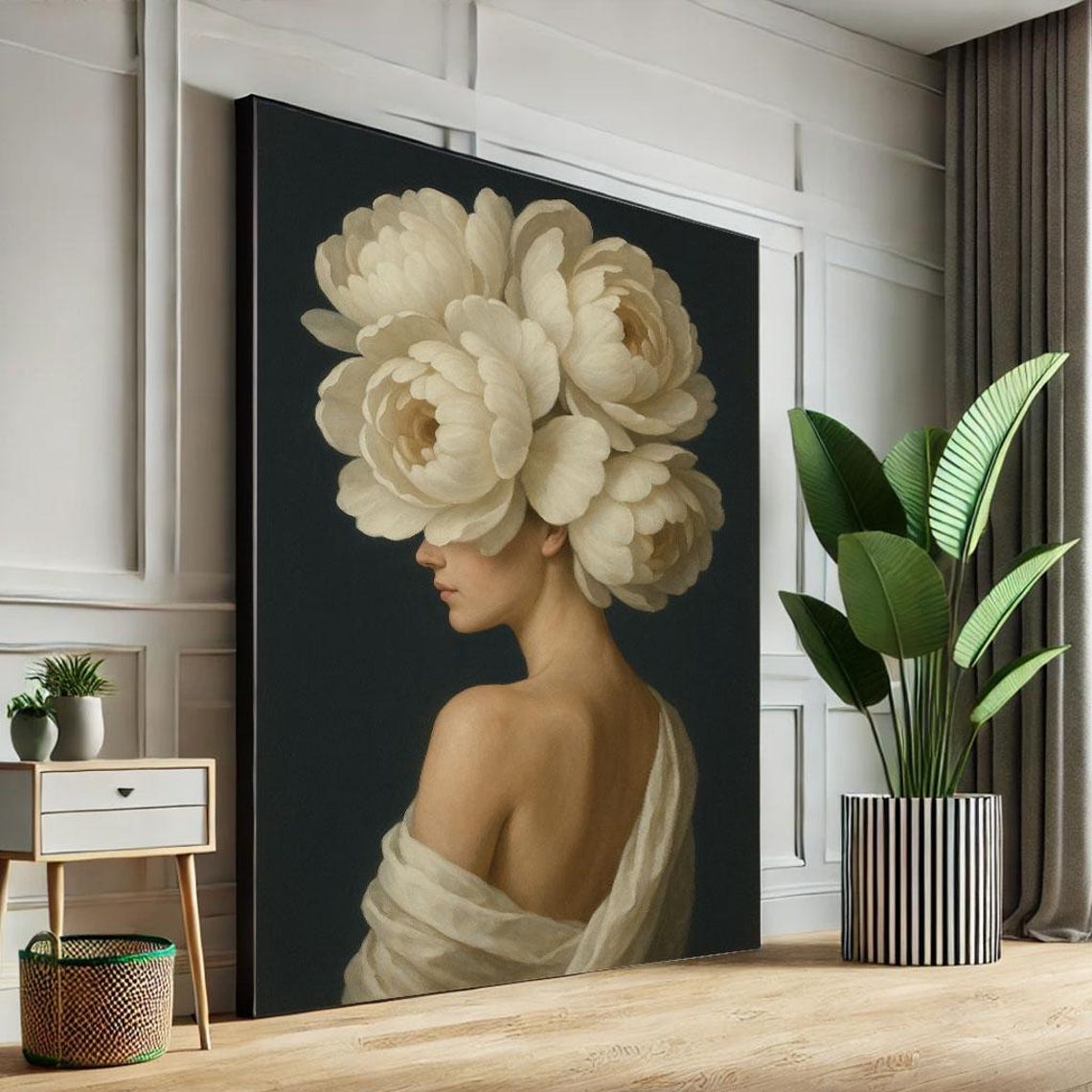 Elegant Woman with White Peony Flower Head Surreal Portrait Poster