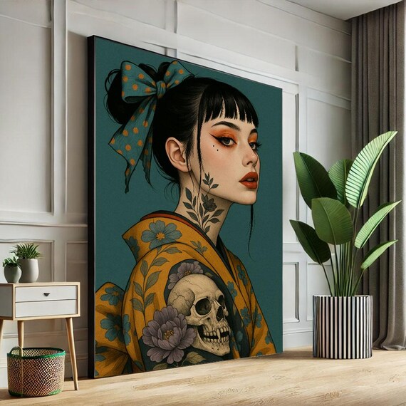 Geisha With Skull Motif In Mustard Kimono On Teal Background Poster