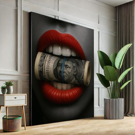 Money Lips Canvas Modern Pop Art Wall Decor Dollar Roll In Mouth Poster Bold Urban Style Print Ready To Hang
