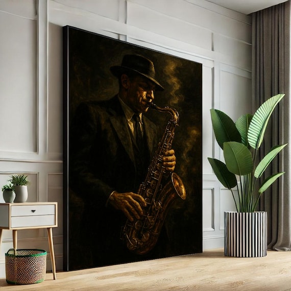 Moody Jazz Saxophone Player Fedora Suit Smoky Club Music Art Poster