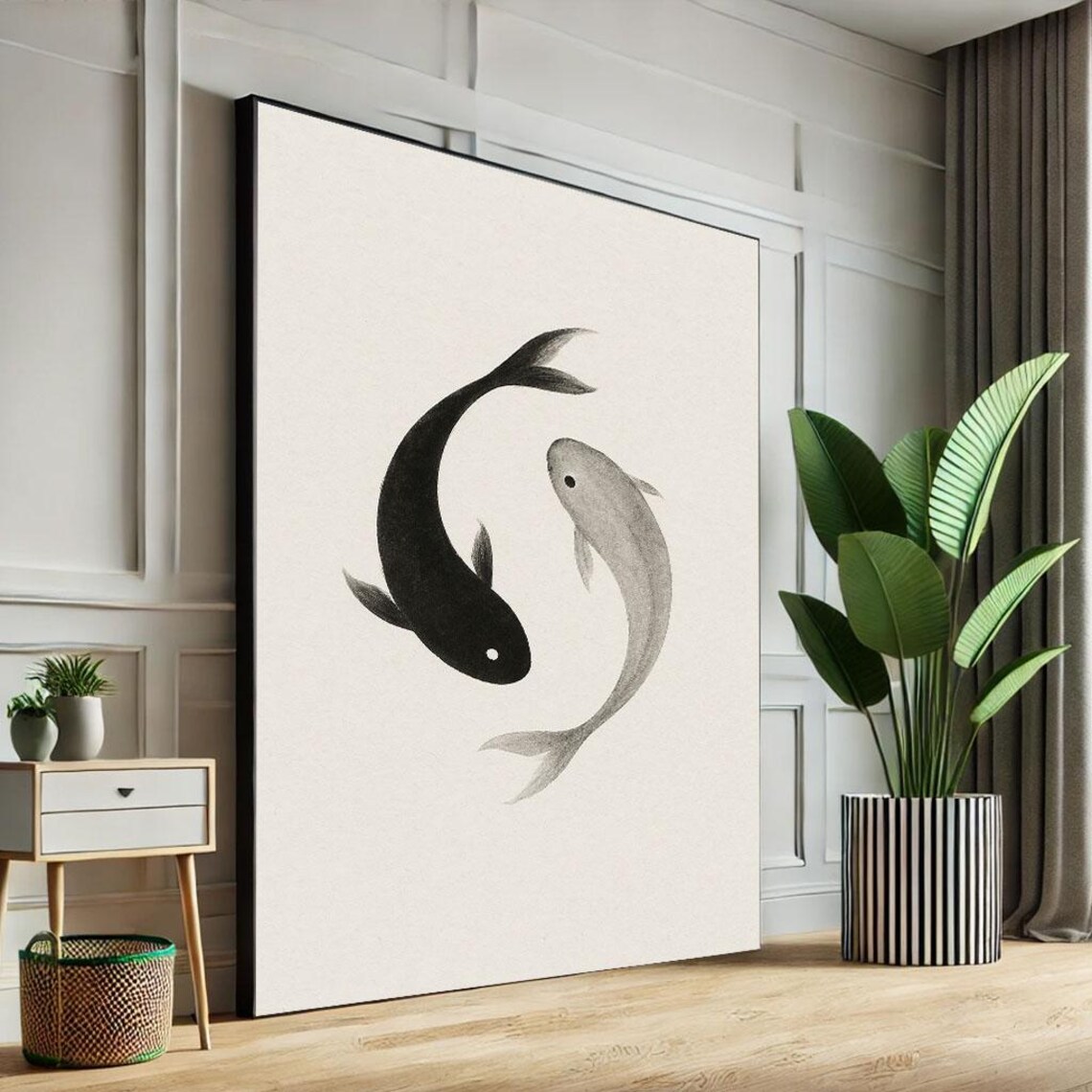 Elegant Yin Yang Fish Canvas Wall Art Print Minimalist Living Room Decor Statement Piece
